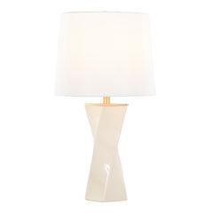 Contemporary 27" Table Lamp in Cream Ceramic, Gold Metal, and White Linen