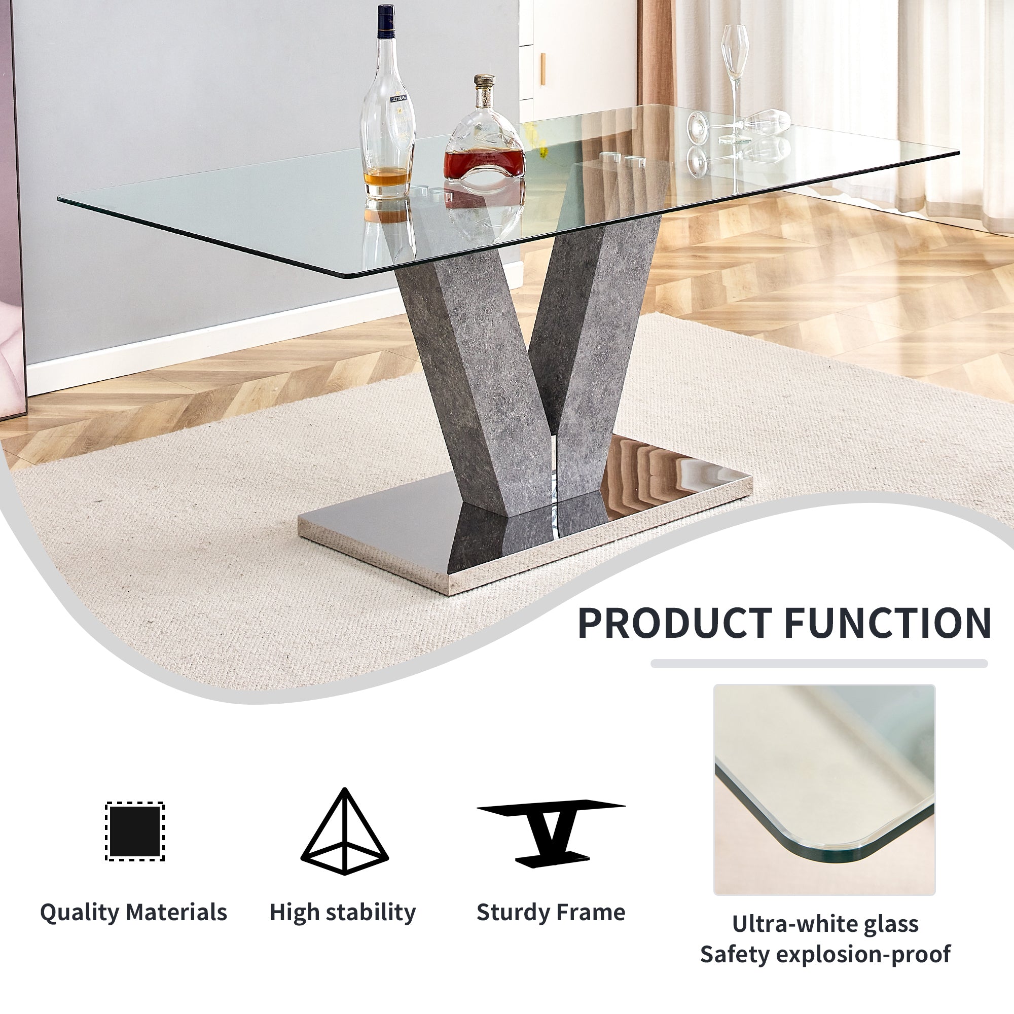 Modern Minimalist Rectangular Glass Dining Table for 6-8 people - Transparent Glass Silver V