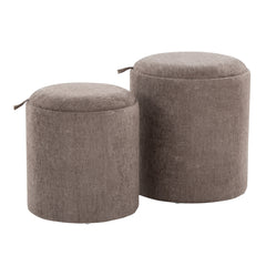 Tray Contemporary Nesting Ottoman Set in Brown Fabric and Natural Wood