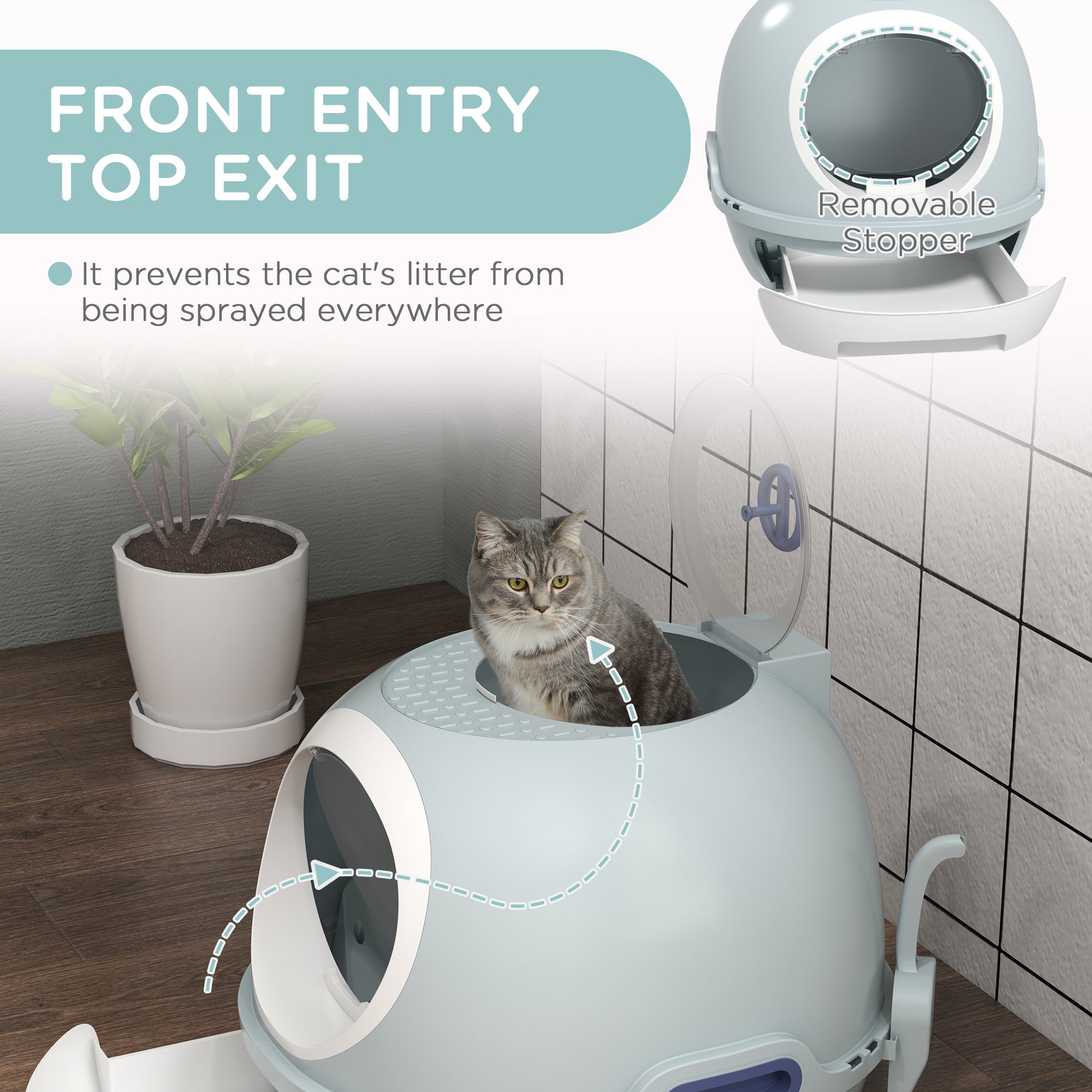 Covered Litter Box, Litter Box with a Lid, Scoop Enclosed Drawer & Skylight for Cats -Blue