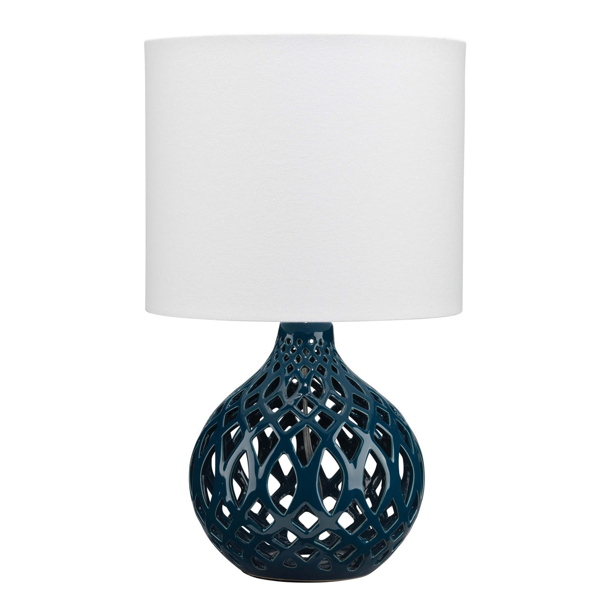 Table Lamp with Ceramic Bellied Body and Fretwork Pattern - Blue