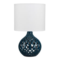 Table Lamp with Ceramic Bellied Body and Fretwork Pattern - Blue