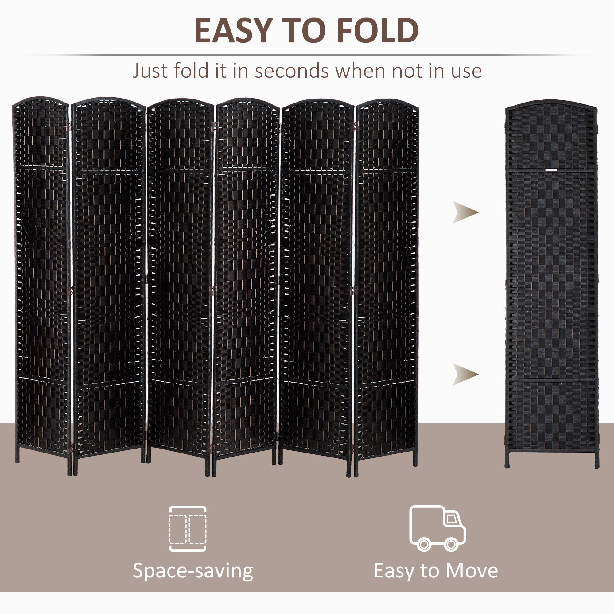 6' Tall Wicker Weave 6 Panel Room Divider Privacy Screen - Black