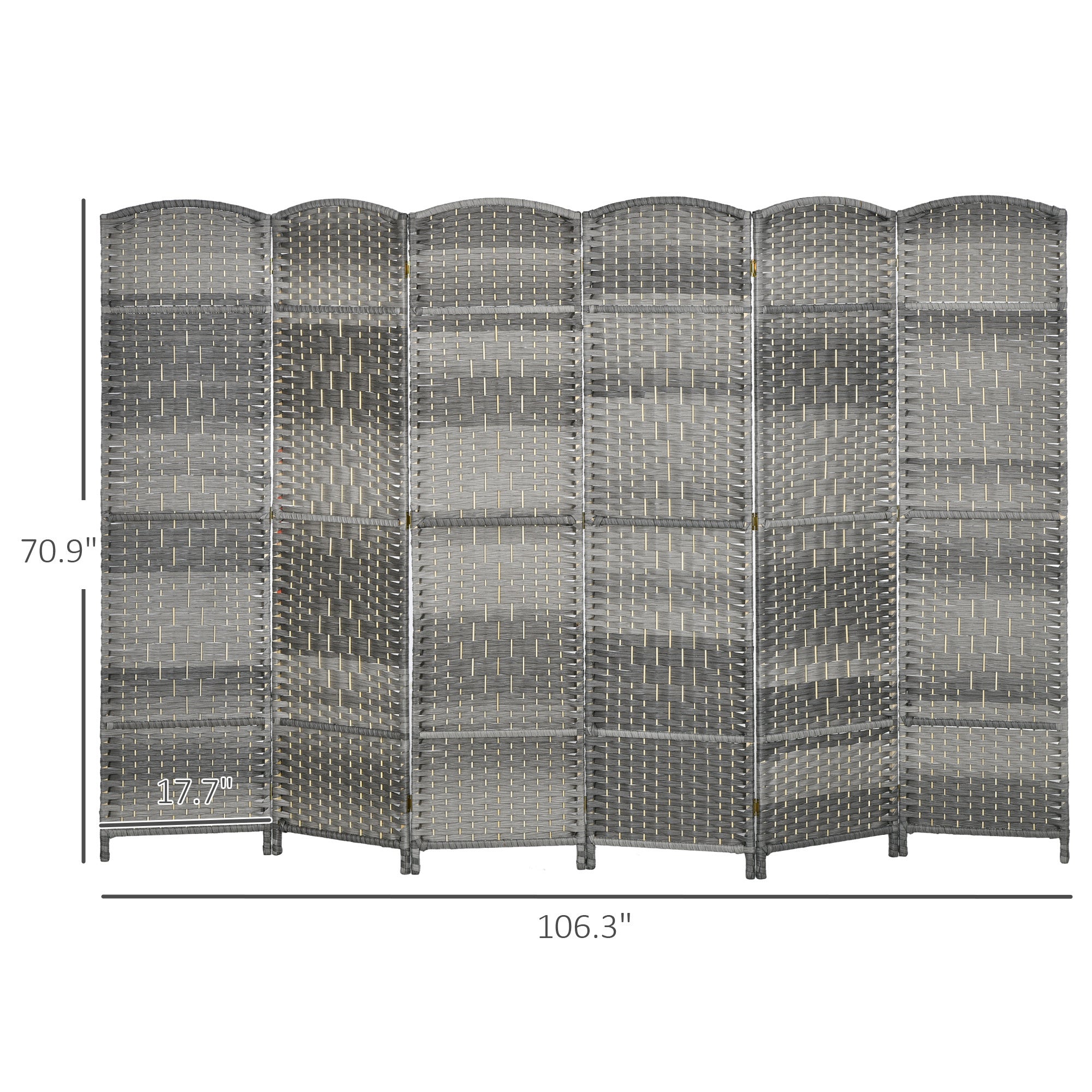 6 Panel Room Divider, 6' Tall Folding Privacy Screen, Hand-Woven Freestanding Wall Partition for Home Office, Bedroom, Mixed Gray