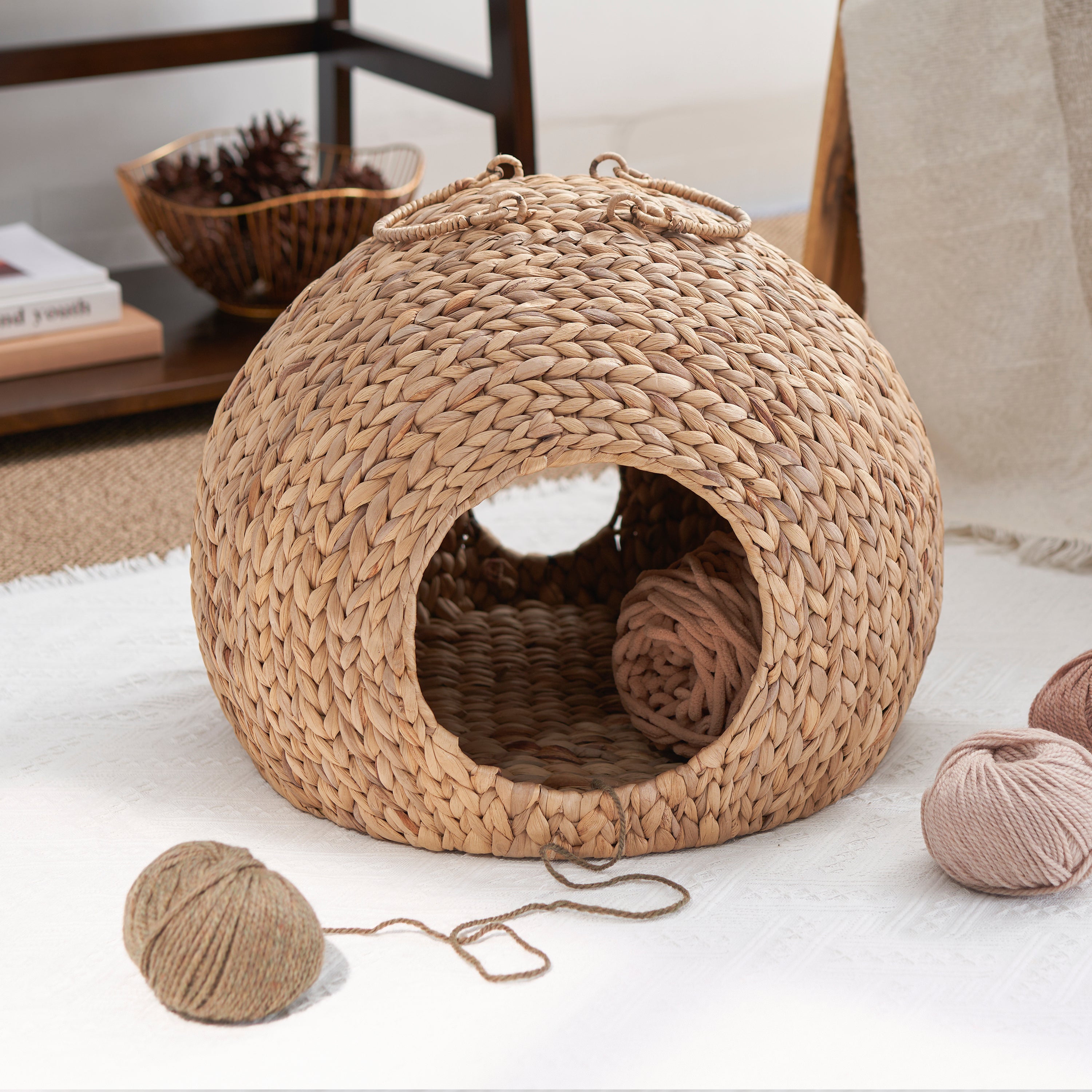 Woven Wicker Round Cat Bed Cave with Handles - 18"x18"x18"