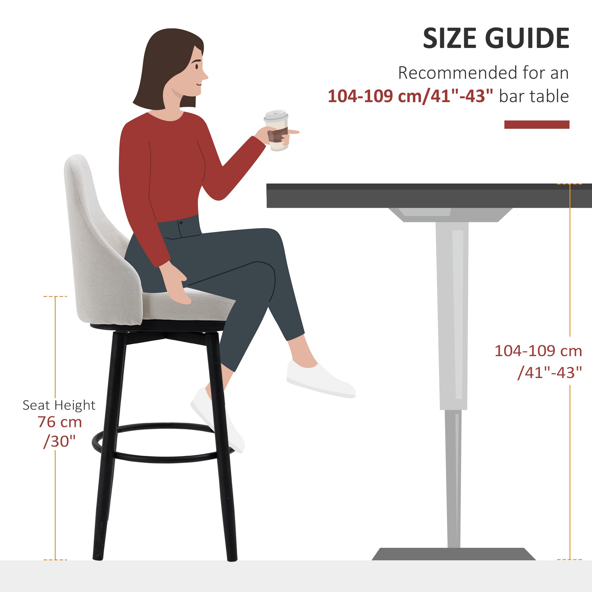 Set of 2 Bar Height Bar Stools, 360° Swivel, 29.5 Inch Seat Height with Steel Legs and Footrest - Cream White