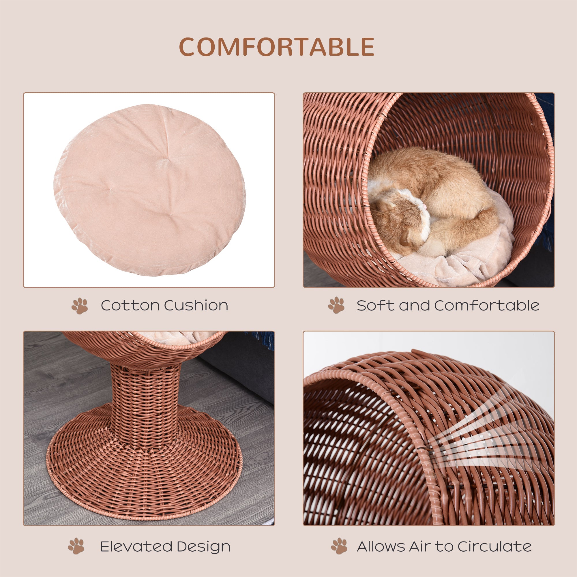 Cat Basket Bed with Thick Cushion, Elevated Bed with Rotatable Egg Chair Pod - Natural Mat Grass Woven Kitty House, Brown