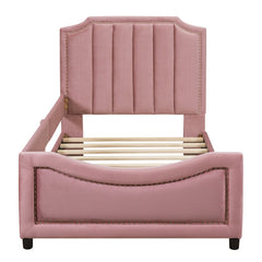 Twin Size Upholstered Daybed with Classic Stripe Shaped  Headboard - Pink