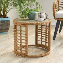 Modern Boho Rattan Side Table - Light Brown