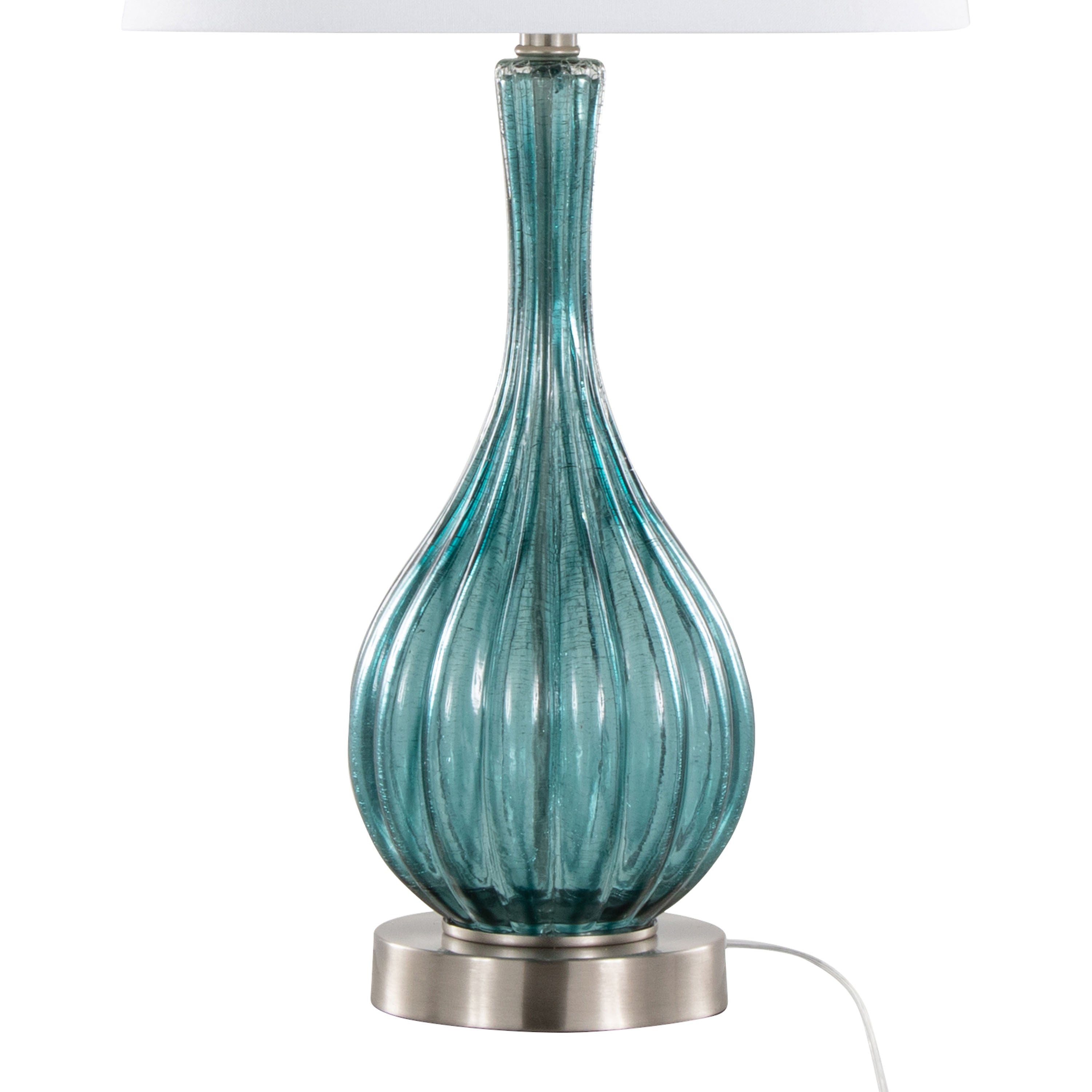 27" Contemporary Table Lamp in Clear Sapphire Blue Crackle Glass, Brushed Nickel and White Linen Shade - Set of 2