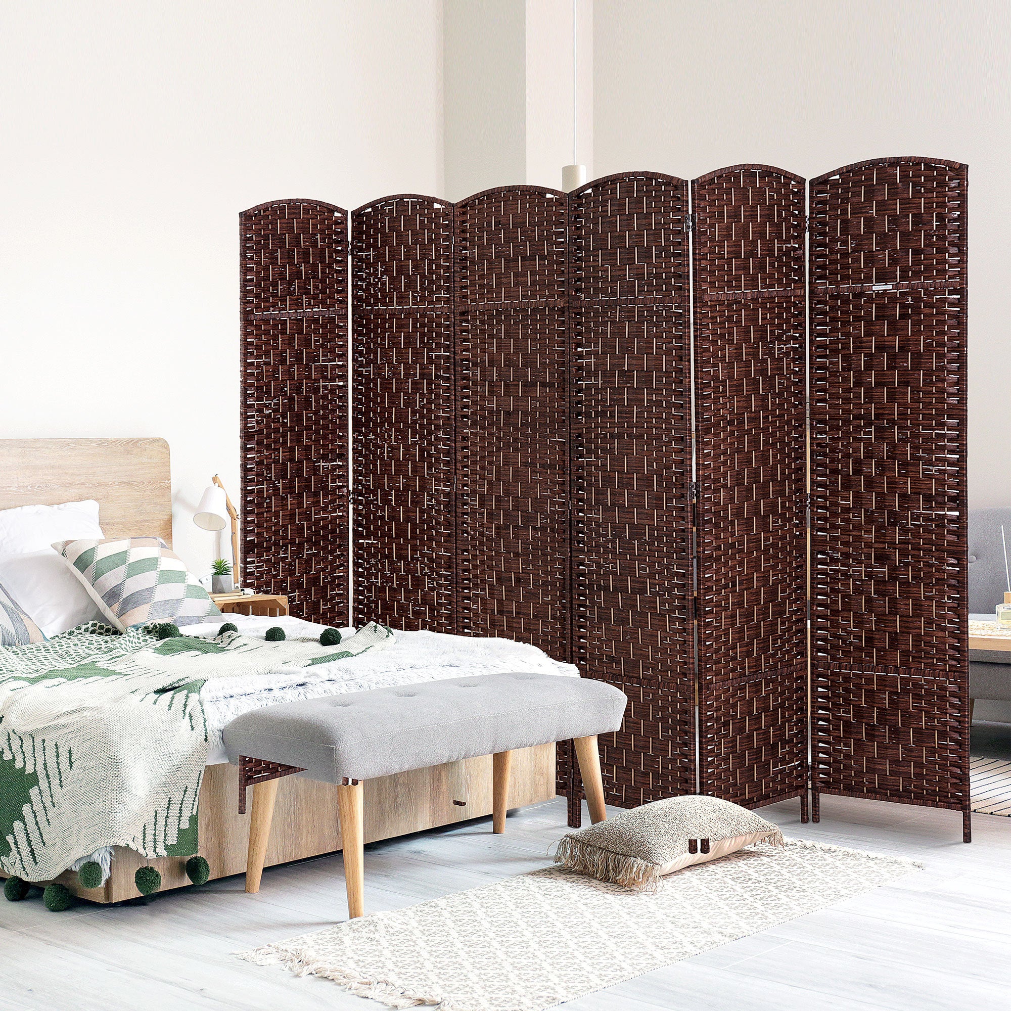 6' Tall Wicker Weave 6 Panel Room Divider Privacy Screen - Brown