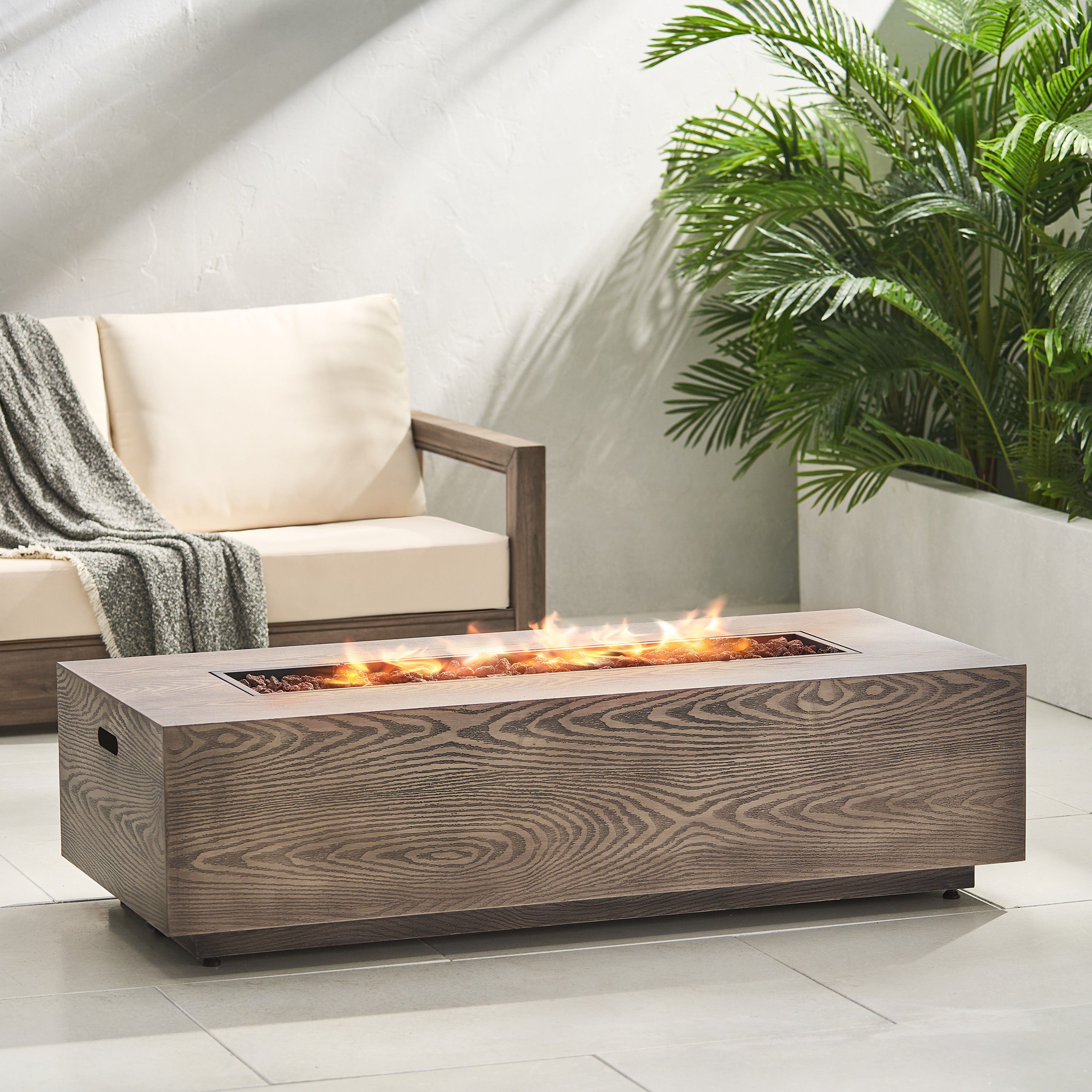 Rectangle Iron Fire Pit - 50,000 BTU Tank outside