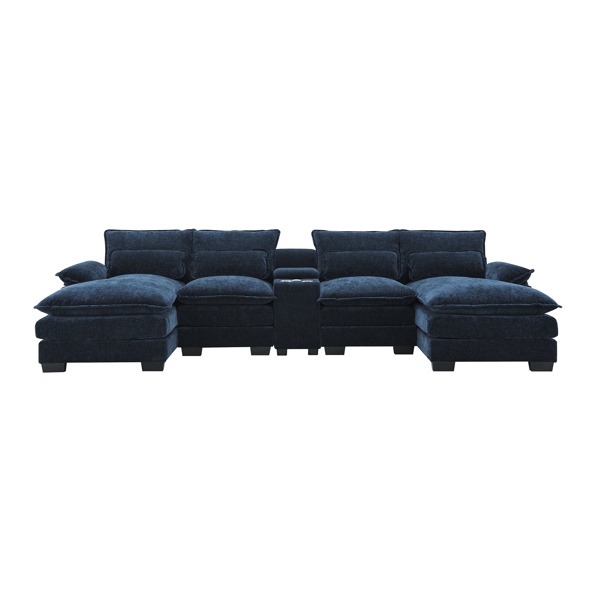 Modern Blue U-shaped Sofa with Cupholders and USB Ports, 6-seat Upholstered Symmetrical Indoor Furniture