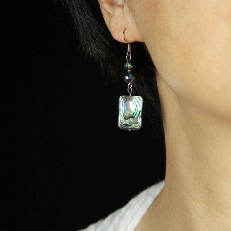 Handcrafted Abalone Shell Drop Earrings, Green Crystal Beads, Sterling Silver Hooks