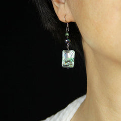 Handcrafted Abalone Shell Drop Earrings, Green Crystal Beads, Sterling Silver Hooks