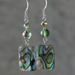 Handcrafted Abalone Shell Drop Earrings, Green Crystal Beads, Sterling Silver Hooks