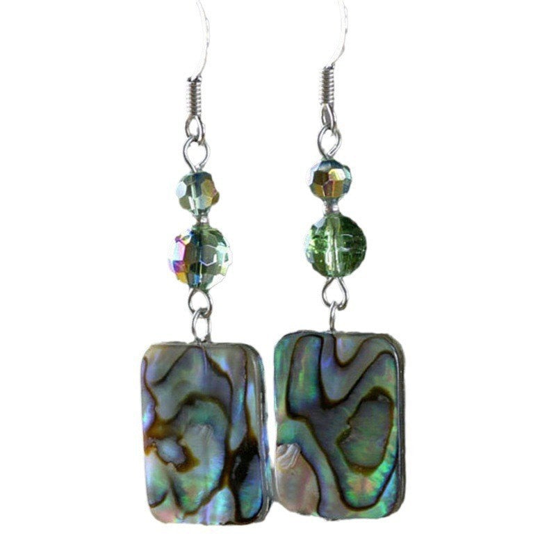 Handcrafted Abalone Shell Drop Earrings, Green Crystal Beads, Sterling Silver Hooks