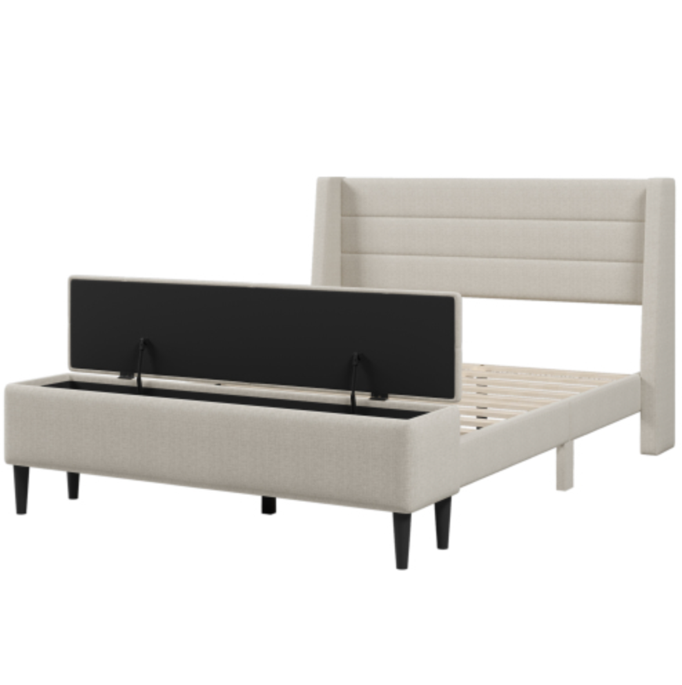 3 Pieces Bedroom Set Beige Queen Size Upholstered Storage Bed Frame with Storage Ottoman Bench and Two Nightstands