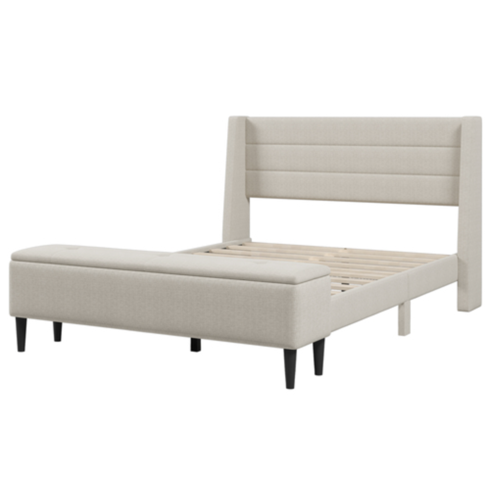 3 Pieces Bedroom Set Beige Queen Size Upholstered Storage Bed Frame with Storage Ottoman Bench and Two Nightstands