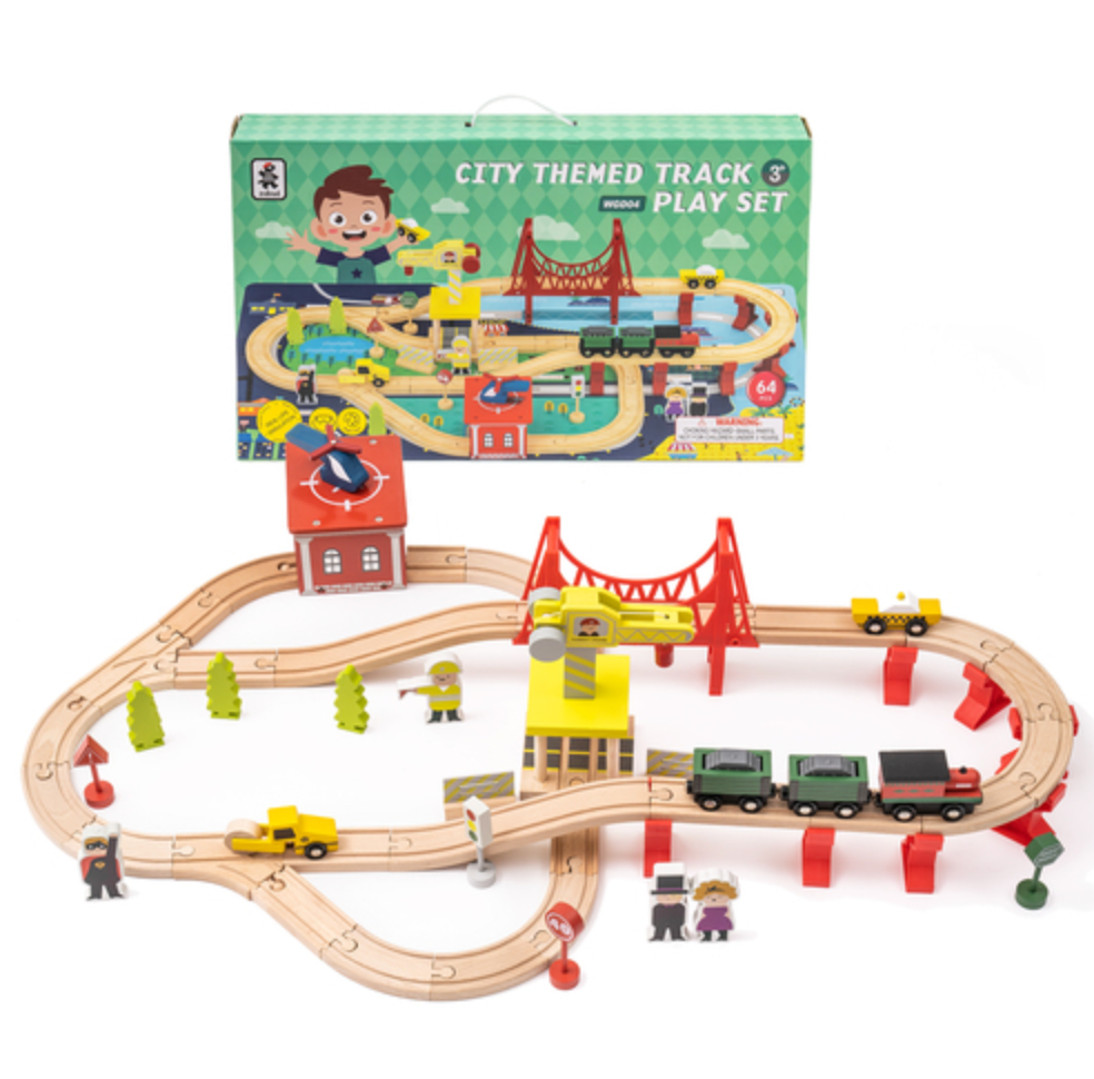 Wooden Train Track Set with Magnetic Trains Bridge Ramp Toy for Kids