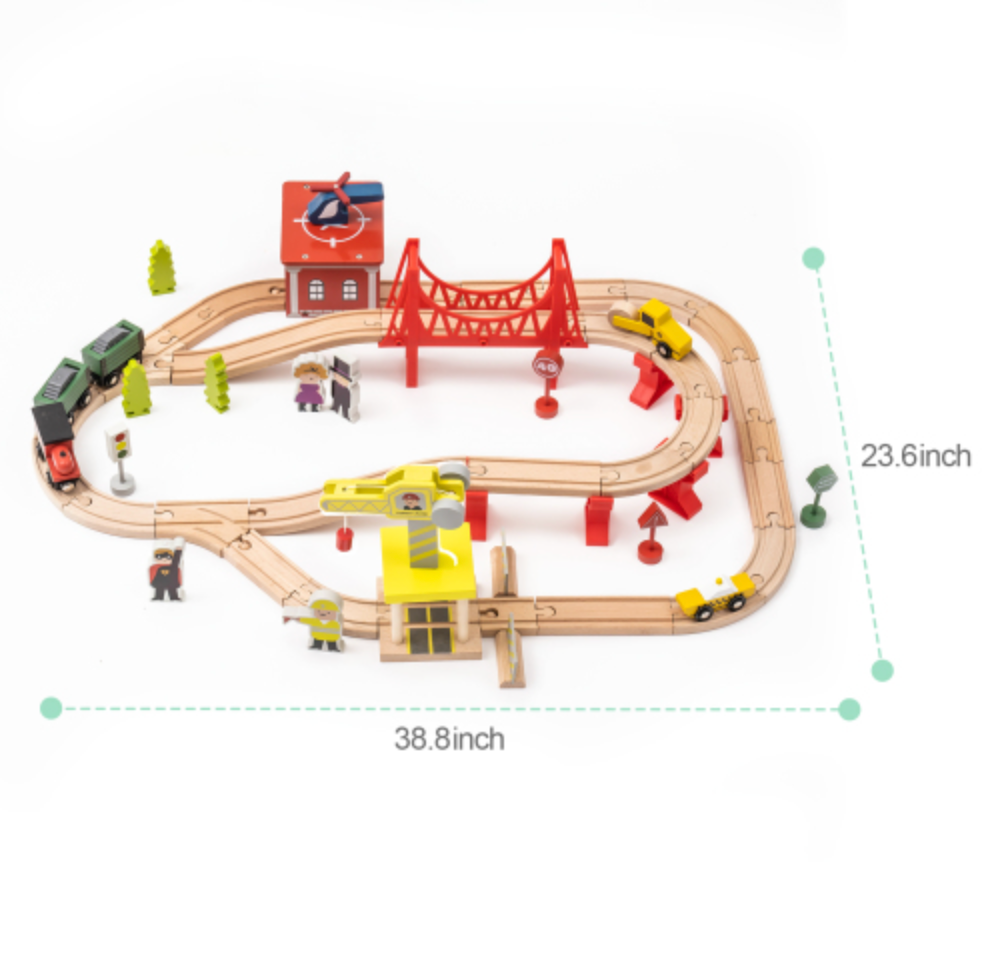 Wooden Train Track Set with Magnetic Trains Bridge Ramp Toy for Kids