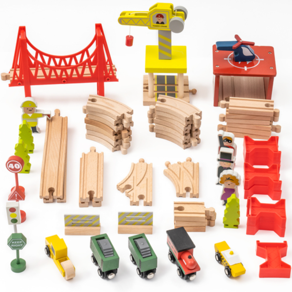 Wooden Train Track Set with Magnetic Trains Bridge Ramp Toy for Kids