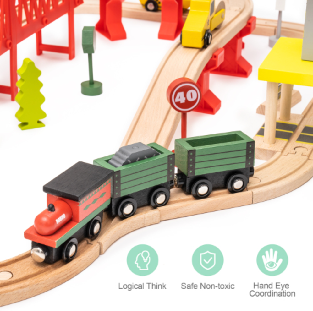 Wooden Train Track Set with Magnetic Trains Bridge Ramp Toy for Kids