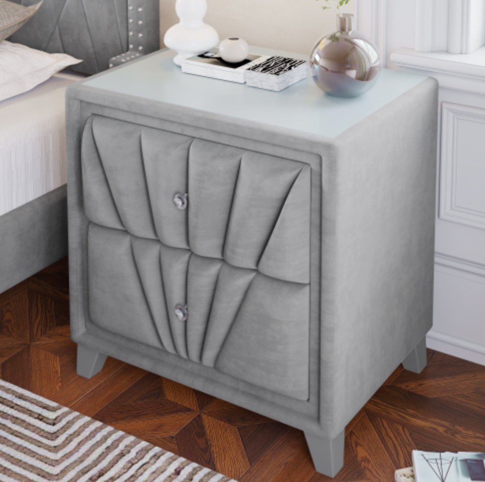 Contemporary Velvet Upholstered Glass Top Nightstand End table with 2 Drawers - Gray
