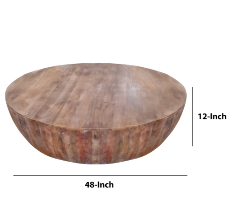 Handcarved Drum Shape Round Top Mango Wood Distressed Wooden Coffee Table - Brown