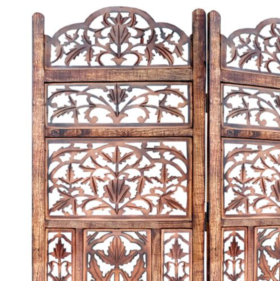 Handcrafted 3 Panel Mango Wood Screen with Cutout Filigree Carvings - Brown