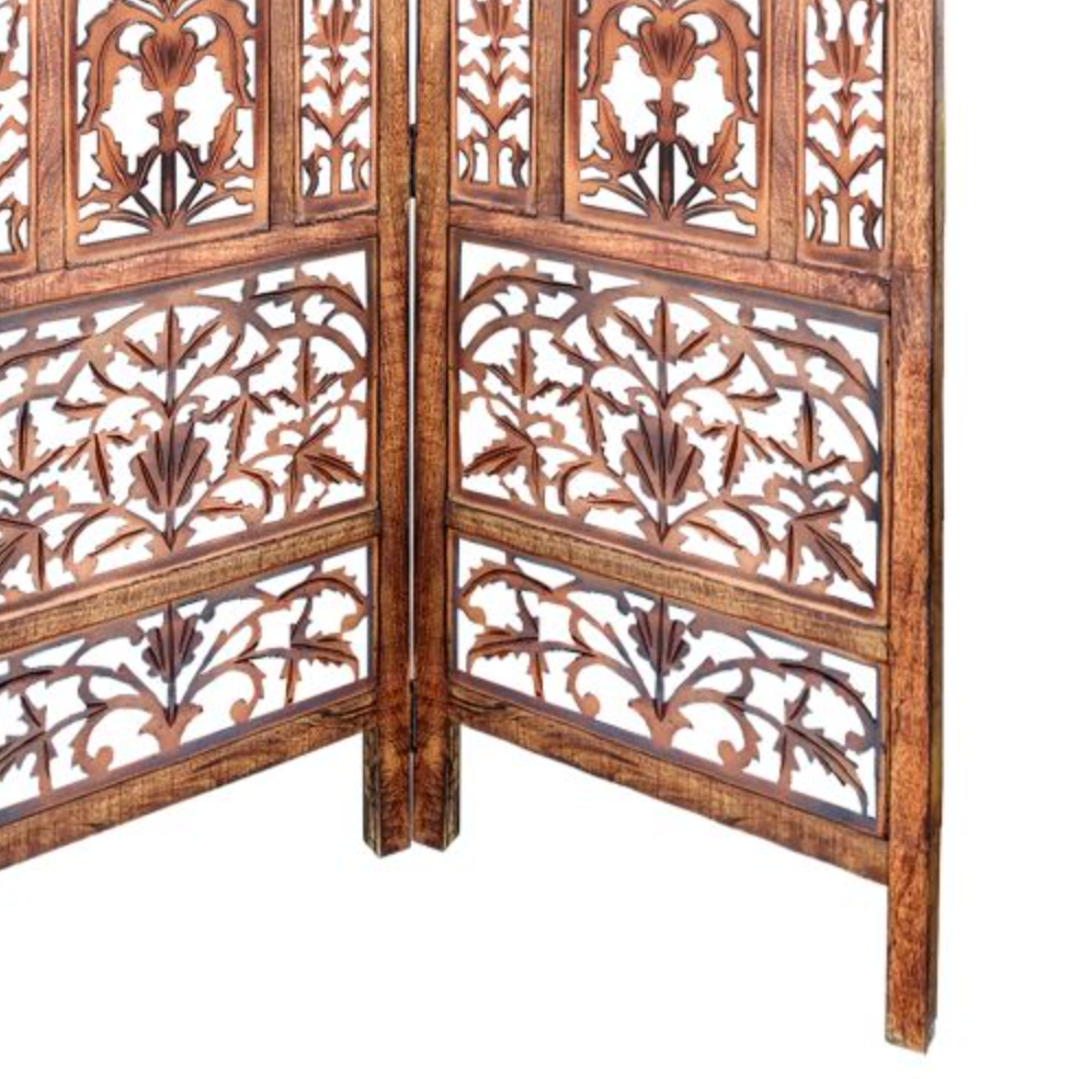 Handcrafted 3 Panel Mango Wood Screen with Cutout Filigree Carvings - Brown