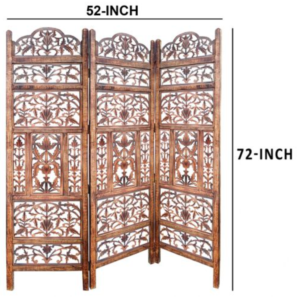 Handcrafted 3 Panel Mango Wood Screen with Cutout Filigree Carvings - Brown