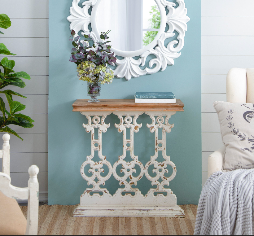 Classic Vintage White Wash Console Table with Brown Wood Top 32"x12"x32"