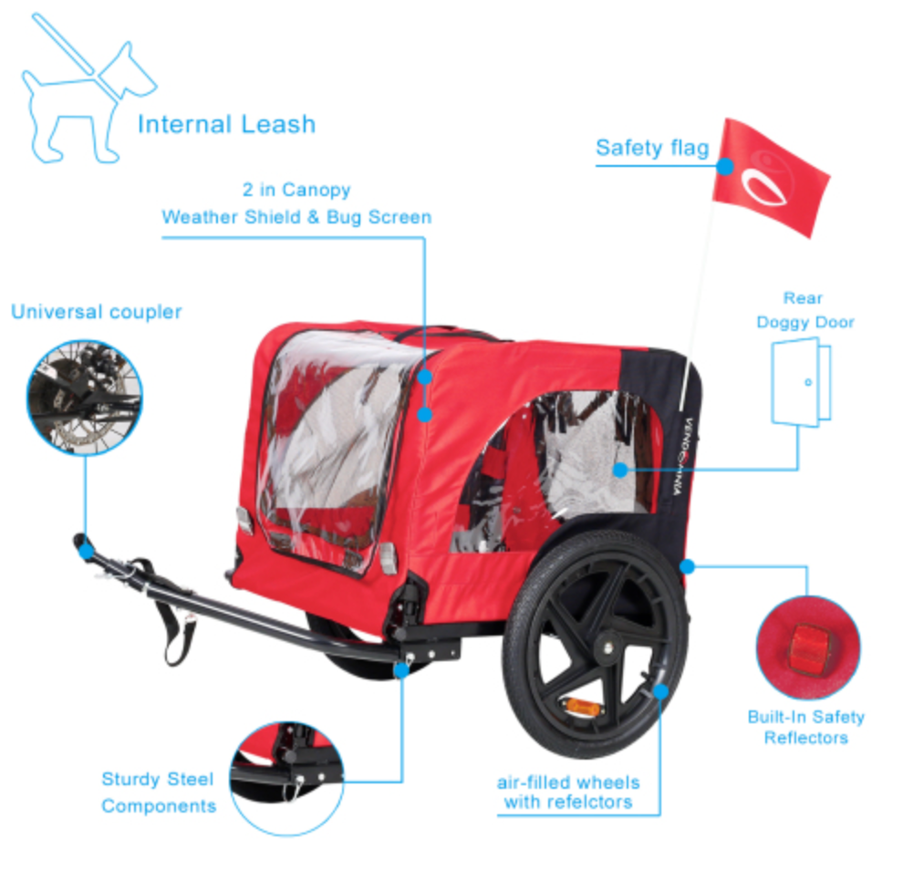 Bicycle Trailer for Pets Outdoor Foldable Red Color with reflectors and safety flag