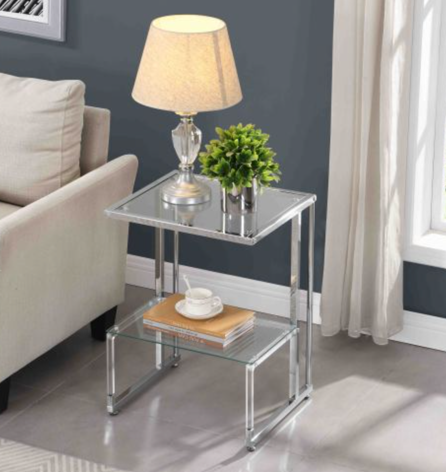 Silver Chrome Side Table, 2-Tier Acrylic Glass End Table