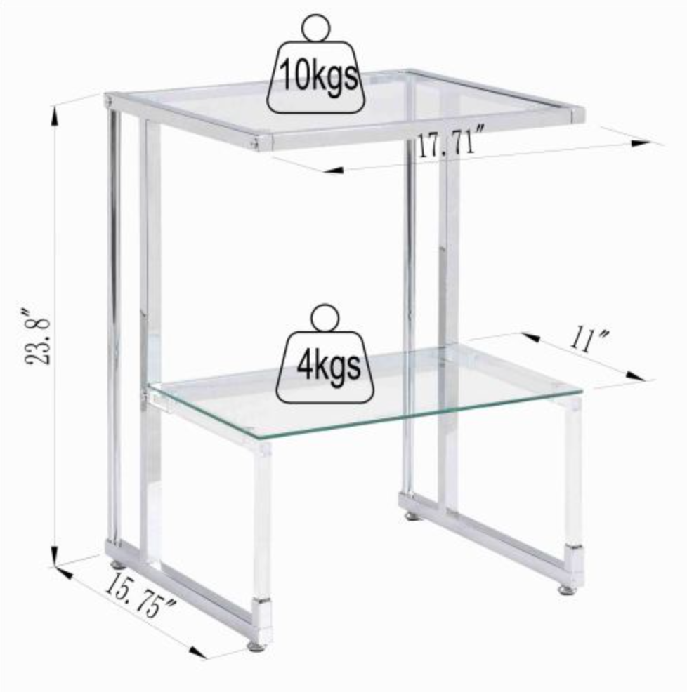 Silver Chrome Side Table, 2-Tier Acrylic Glass End Table