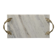 Decor Tray with Marble Frame and Carved Metal Handles - White and Gold