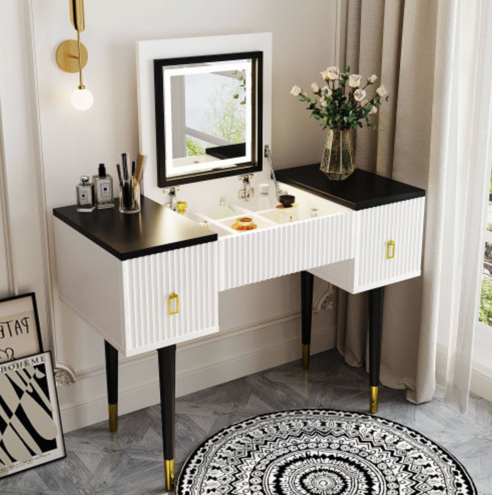 43.3" Modern Vanity Table Set with Flip-top Mirror and LED Light, Dressing Table with Customizable Storage, White and Black