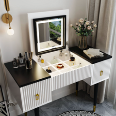 43.3" Modern Vanity Table Set with Flip-top Mirror and LED Light, Dressing Table with Customizable Storage, White and Black