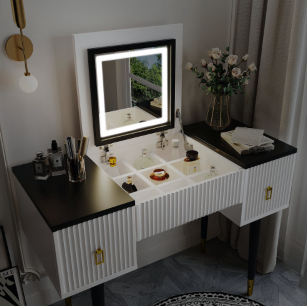 43.3" Modern Vanity Table Set with Flip-top Mirror and LED Light, Dressing Table with Customizable Storage, White and Black