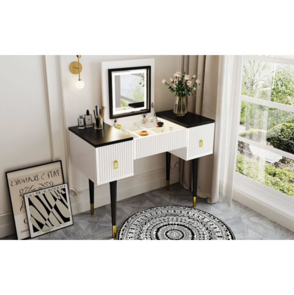 43.3" Modern Vanity Table Set with Flip-top Mirror and LED Light, Dressing Table with Customizable Storage, White and Black