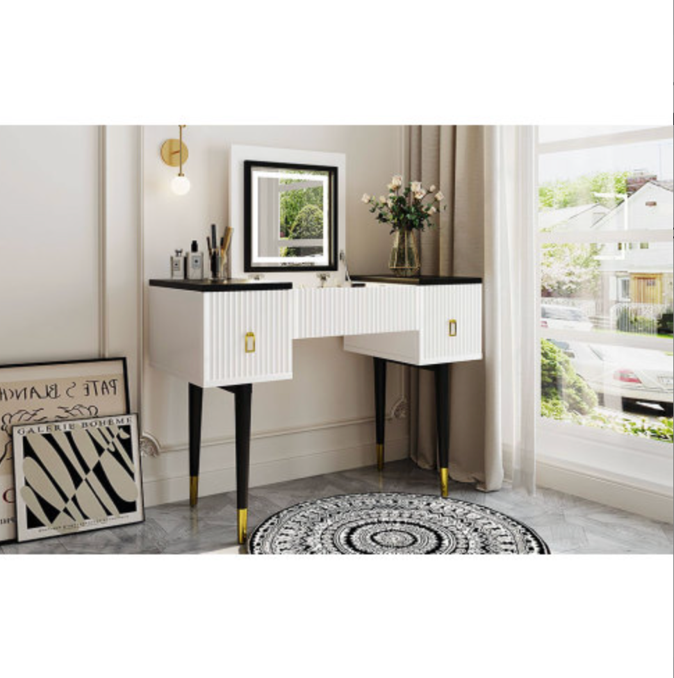 43.3" Modern Vanity Table Set with Flip-top Mirror and LED Light, Dressing Table with Customizable Storage, White and Black