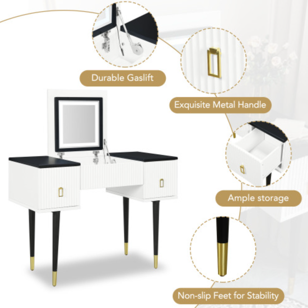 43.3" Modern Vanity Table Set with Flip-top Mirror and LED Light, Dressing Table with Customizable Storage, White and Black