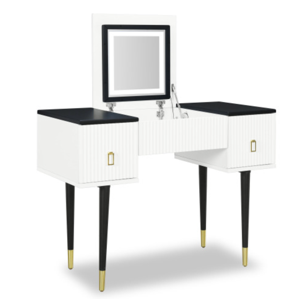 43.3" Modern Vanity Table Set with Flip-top Mirror and LED Light, Dressing Table with Customizable Storage, White and Black