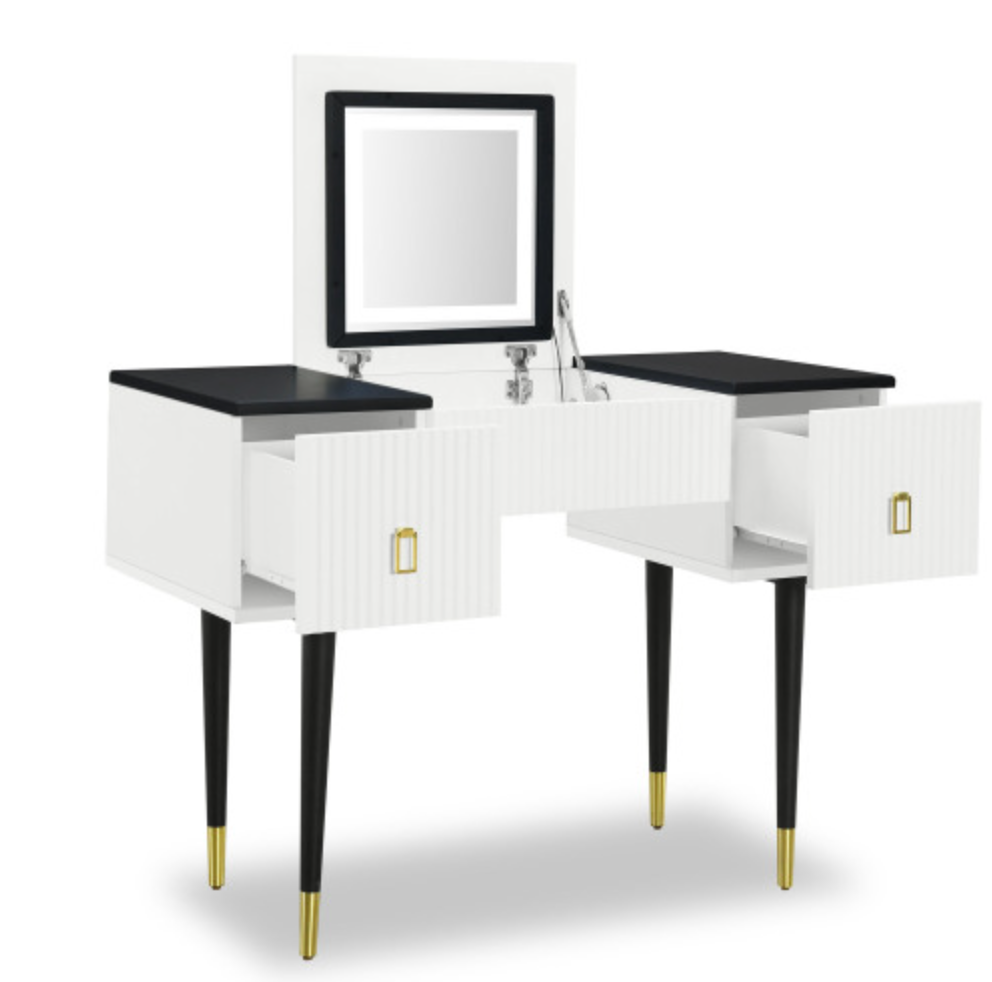 43.3" Modern Vanity Table Set with Flip-top Mirror and LED Light, Dressing Table with Customizable Storage, White and Black