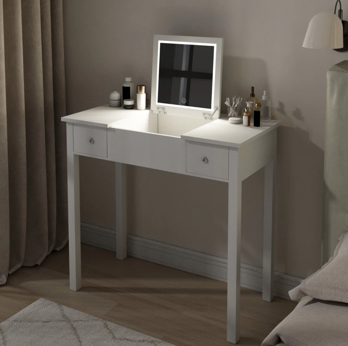 Chic White Vanity Table with LED Lights, Flip-Top Mirror and 2 Drawers, Jewelry Storage for Women Dressing