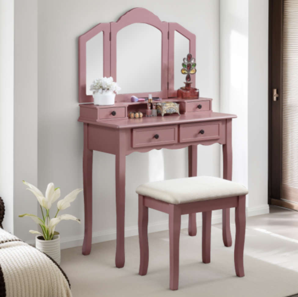 Sanlo Wooden Vanity Make Up Table and Stool Set, Rose Gold