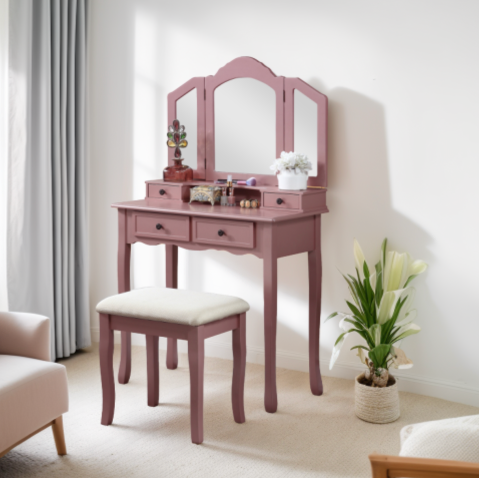 Sanlo Wooden Vanity Make Up Table and Stool Set, Rose Gold