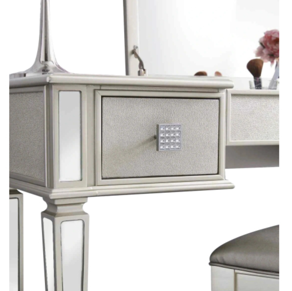 Mirrored Vanities Desk with Drawers, Bedroom Makeup Vanity Table Set with Mirror and Stool - Silver