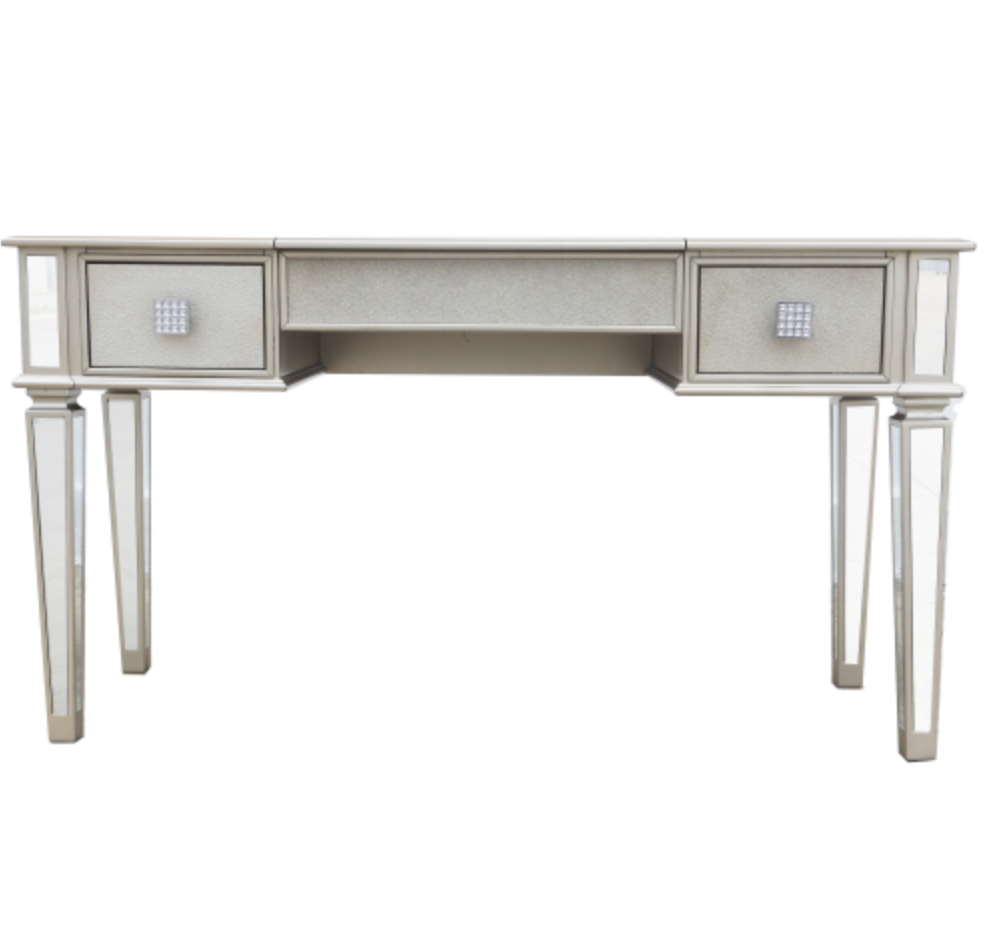 Mirrored Vanities Desk with Drawers, Bedroom Makeup Vanity Table Set with Mirror and Stool - Silver